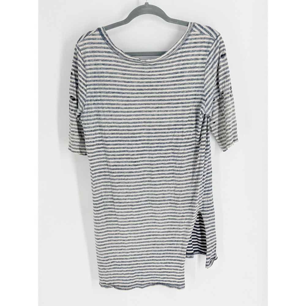 FP We the Free People Distressed Striped Tee Blue Womens M Nautical Fisherman - Picture 2 of 9